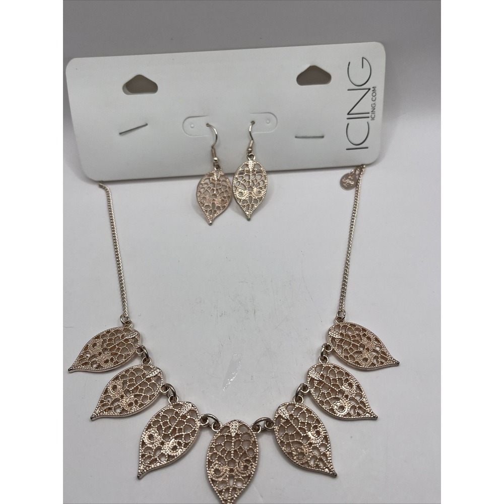 Icing Rose Gold Leaf Necklace & Dangle Earring Set- Brand New‎
